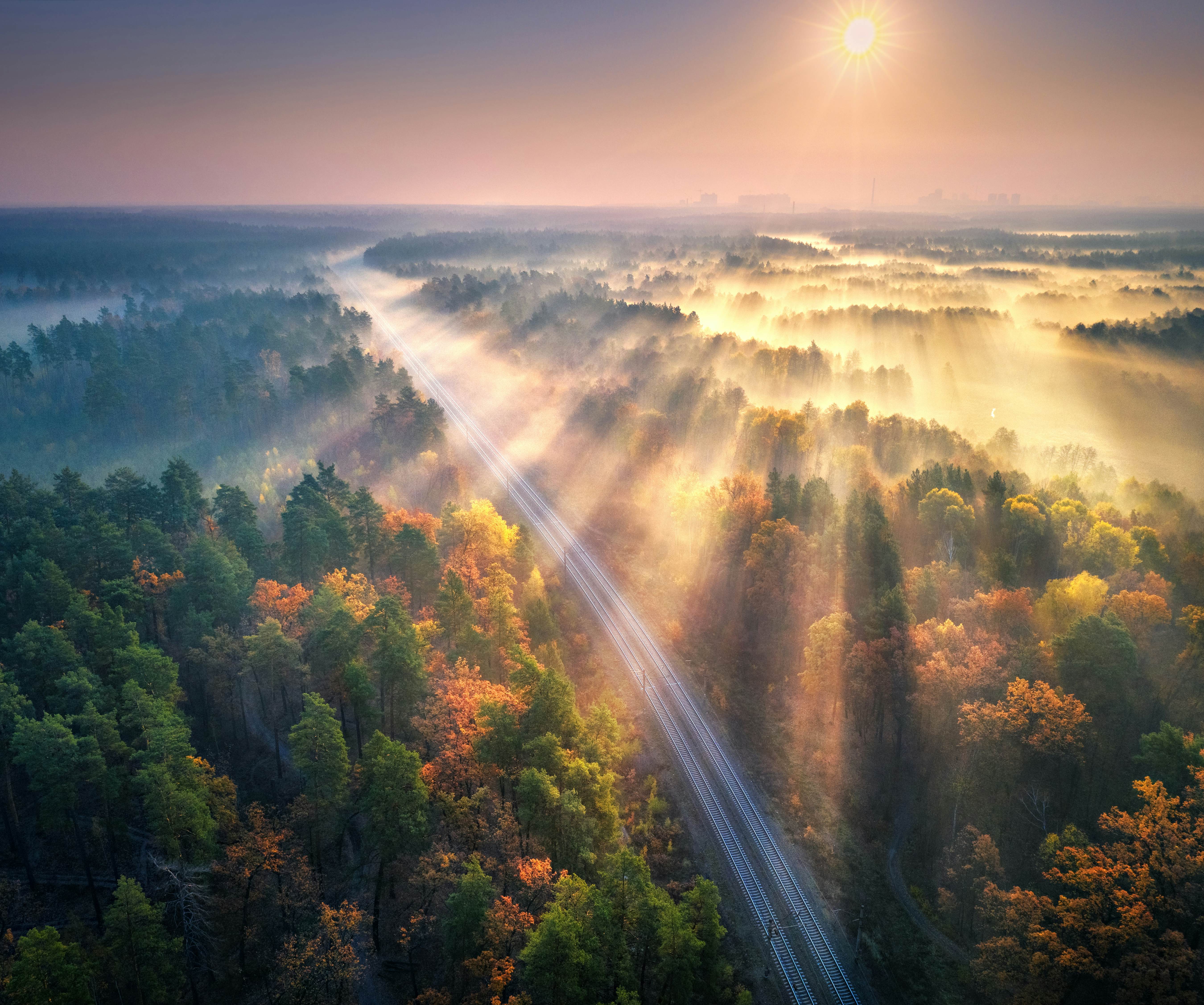Aerial view of beautiful railroad in autumn forest in foggy sunrise. Industrial landscape with railway station, sky, trees with orange leaves, fog and sun rays. Top view of rural railroad and sunbeams